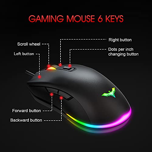 havit Ratón Gaming RGB 6 Botones Mouse Gaming programables Iluminación RGB [800-1600-2400-4800] para Windows7/8/10/Xp/Vista/Linux（MS732）
