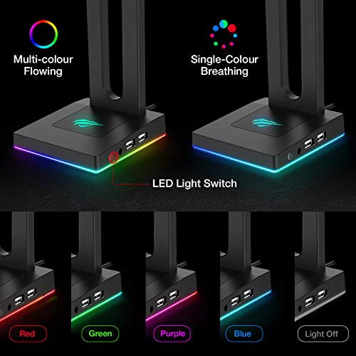 HAVIT RGB con AUX de 3,5 mm y 2 Cargador USB Soporte para Auriculares de Escritorio, Soporte de Cascos Gaming Duradero