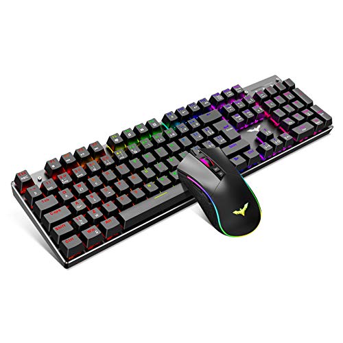 havit Teclado mecánico Gaming y ratón Español Teclados Gaming con Cable, Azul Anti-Efecto Fantasma de 105 Teclas, Ratón Gaming programable 4800DPI, Negro