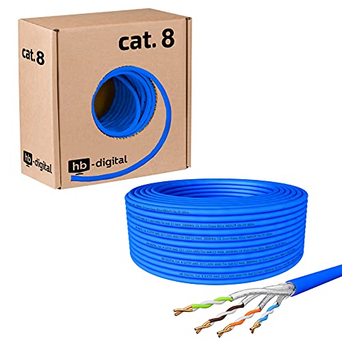 hb-digital 50m Cable de red Cat. 8 cable de instalación B2Ca cable de datos ∅ 0,6 mm Cable LAN Ethernet hasta 40 Gbit/s cobre S/FTP máx. 2000 MHz PIMF LSZH libre de halógenos AWG 22/1