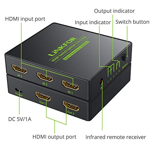 HDMI Switch 3 x 2 Salidas Conmutador HDMI 4K 3D Distribuidor Automático con Mando a Distancia Cable HDMI 1.4 para HDTV Monitor DVD PC Proyector Sky Box PS3 PS4 Xbox