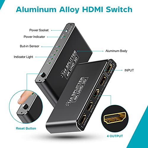 HDMI Switch 4K - Divisor HDMI 1 en 4 salidas, soporta 4K (@30Hz), 1080P, 3D, UHD, HDCP, aluminio conmutador HDMI para Xbox, PS4, PS3, Blu-Ray-Player, Set-top Box y Apple
