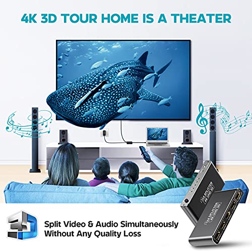 HDMI Switch 4K - Divisor HDMI 1 en 4 salidas, soporta 4K (@30Hz), 1080P, 3D, UHD, HDCP, aluminio conmutador HDMI para Xbox, PS4, PS3, Blu-Ray-Player, Set-top Box y Apple