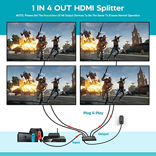 HDMI Switch 4K - Divisor HDMI 1 en 4 salidas, soporta 4K (@30Hz), 1080P, 3D, UHD, HDCP, aluminio conmutador HDMI para Xbox, PS4, PS3, Blu-Ray-Player, Set-top Box y Apple