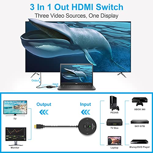 HDMI Switch HDMI 4K@60Hz | Meofia 3 Entradas 1 Salida Duplicador HDMI 2.0 con Cable, Soporta 4K, 1080P, 3D, UHD, Conmutador HDMI Splitter Automatico para BLU-Ray/DVD player/SKY-STB/PS4/PS3/XBOX/Roku