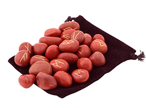 Healing Crystals India Juego de runas, cristales y piedras curativas, piedras de adivinación Wicca, runas vikingas, suministros paganos y brujería, runas para principiantes, jaspe rojo