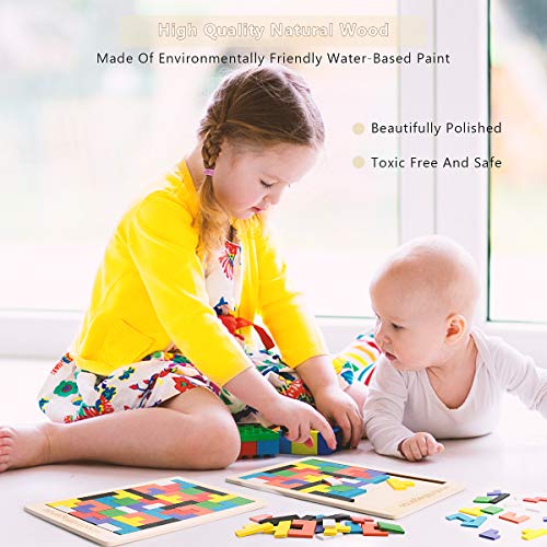 Herefun Puzzle Tetris de Madera, 2Pcs Tangram Jigsaw Rompecabezas Madera Juego Educativo, Puzzle Tangram Juguetes Juego de Cerebro Bloque de Construcción Inteligencia Regalo Educativo para Niños