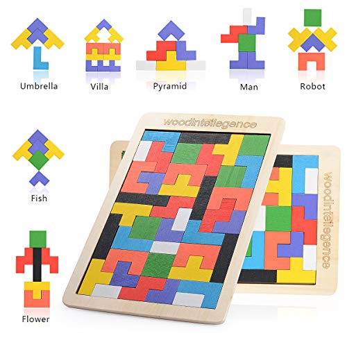 Herefun Puzzle Tetris de Madera, 2Pcs Tangram Jigsaw Rompecabezas Madera Juego Educativo, Puzzle Tangram Juguetes Juego de Cerebro Bloque de Construcción Inteligencia Regalo Educativo para Niños