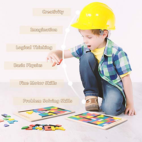 Herefun Puzzle Tetris de Madera, 2Pcs Tangram Jigsaw Rompecabezas Madera Juego Educativo, Puzzle Tangram Juguetes Juego de Cerebro Bloque de Construcción Inteligencia Regalo Educativo para Niños