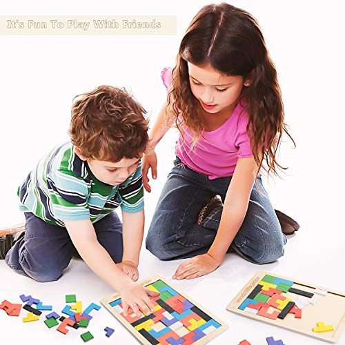 Herefun Puzzle Tetris de Madera, 2Pcs Tangram Jigsaw Rompecabezas Madera Juego Educativo, Puzzle Tangram Juguetes Juego de Cerebro Bloque de Construcción Inteligencia Regalo Educativo para Niños