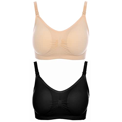 Hergswre Sujetador Deportivo para Lactancia con diseño de fácil Apertura Copas Ajustables y Tirantes Anchos Sujetador para Lactancia - Color de Piel L