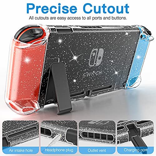 HEYSTOP Carcasa Nintendo Switch, Funda Nintendo Switch con Protector de Pantalla para Nintendo Switch Console y Joy Cons con 4 Agarres para el Pulgar, Nueva Actualización 2021 Clear Glitter Edition