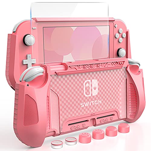 HEYSTOP Carcasa para Nintendo Switch Lite, Funda para Nintendo Switch Lite con Protector de Pantalla para Nintendo Switch Lite Console y Grips con Agarres para el Pulgar - Rosa