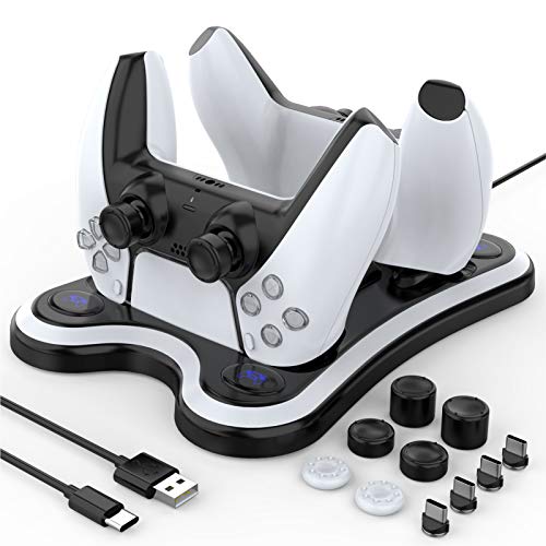 HEYSTOP Cargador Mando PS5, Carga Rápida Soporte Mando PS5 Estación de Carga Magnética Rápida Double USB, Base de Carga con LED Indicador Estación de Carga PS5 para Sony Playstation 5 / PS5 DualSense