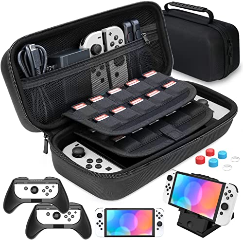 HEYSTOP Funda Compatible con Nintendo Switch, Estuche portátil Incluye 2 Grips Compatible con Nintendo Switch , PlayStand ajustable, Protector de Pantalla con 6 Tapas de Agarre para Pulgar