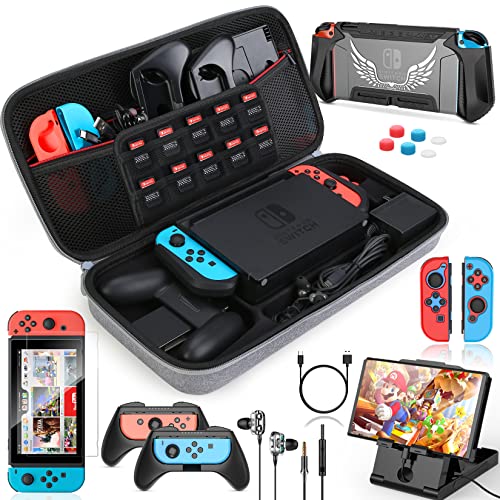 HEYSTOP Funda para Nintendo Switch, 16 in 1 Accesorios Nintendo Switch con Carcasa de TPU+Joy-Con Mandos+Protector de Pantalla+Soporte regulable+Cable USB+Auriculares+Funda Comfort Grip+6 Pulgar Grips