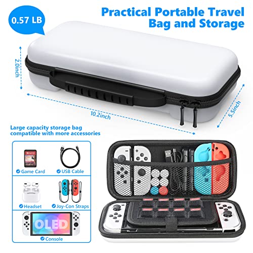HEYSTOP Funda para Nintendo Switch OLEDAccesorio Kits, Funda para Switch OLED Carcasa Funda de Transporte para Nintendo Switch OLED Model Protector de Pantalla Apretones de Pulgar, Blanco