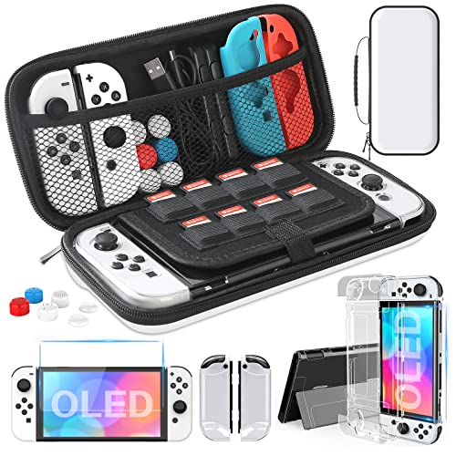 HEYSTOP Funda para Nintendo Switch OLEDAccesorio Kits, Funda para Switch OLED Carcasa Funda de Transporte para Nintendo Switch OLED Model Protector de Pantalla Apretones de Pulgar, Blanco