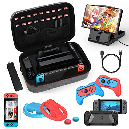 HEYSTOP Kit de Accesorios 12 en 1 Compatible con Nintendo Switch, con Funda de Transporte, TPU Cubierta Protectora, Grip y Volante, Soporte,Protector de Pantalla,Apretones de Pulgar, Cable USB (Gris)