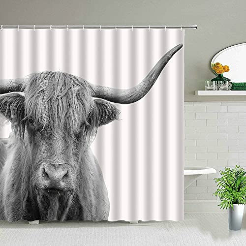 Highland Cows Cortinas de Ducha Negras Western Wildlife Animal Bull Portrait Decoración de baño Mamparas de bañera Impermeables S.7 150x200cm