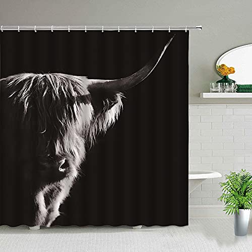 Highland Cows Cortinas de Ducha Negras Western Wildlife Animal Bull Portrait Decoración de baño Mamparas de bañera Impermeables S.7 150x200cm