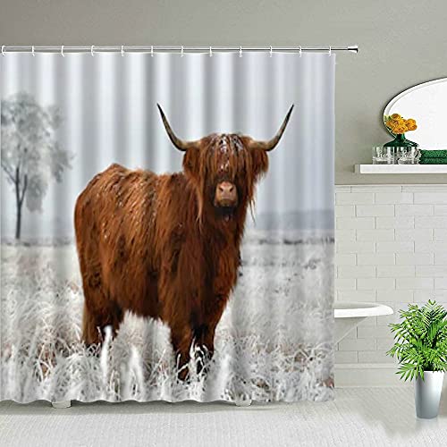 Highland Cows Cortinas de Ducha Negras Western Wildlife Animal Bull Portrait Decoración de baño Mamparas de bañera Impermeables S.7 150x200cm