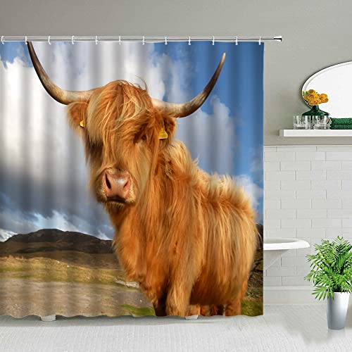 Highland Cows Cortinas de Ducha Negras Western Wildlife Animal Bull Portrait Decoración de baño Mamparas de bañera Impermeables S.7 150x200cm