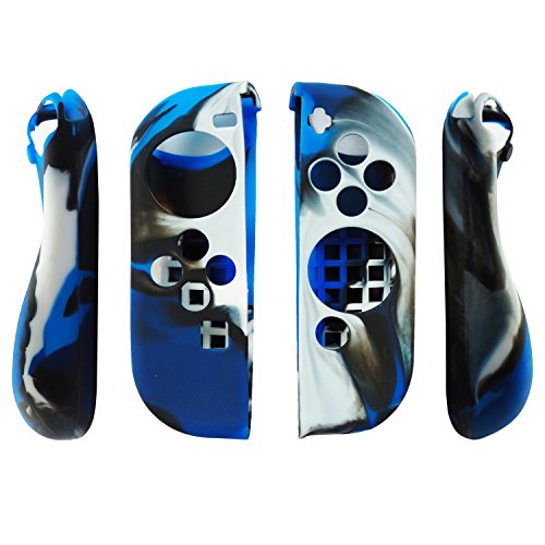 Hikfly Gel de Silicona Agarre Antideslizante Kits de Protección Carcasas Cubrir Piel para Nintendo Switch Consolas y Joy-Con Controlador Con 8pcs Gel de Silicona Empuñaduras Gorras (Azul Camuflaje)