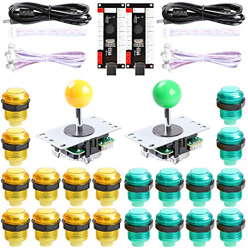 Hikig Kit de Bricolaje para Juegos de Arcade para 2 Jugadores, 2X Joystick + 2X USB Encoder + 20x LED Buttons para PC, PS3, Mame, Raspberry Pi, Color: Verde y Amarillo