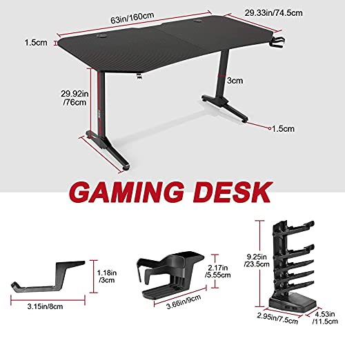Himimi 63'' Mesa Gaming Desk, Ergonómica Grande PC Gaming Escritorios 160x74x76 cm, Computer Computadora Gamer Pro Tablas con Alfombrilla de ratón, Portavasos y Gancho para Auriculares, Mango de juego