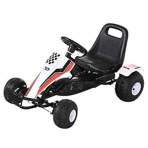 HOMCOM Go Kart a Pedales para Niños de +3 Años Coche de Pedales Infantil con Asiento Ajustable y Freno de Mano 104x66x57 cm Blanco y Negro