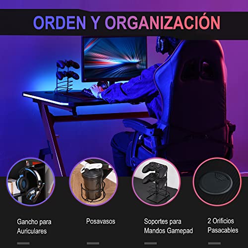 HOMCOM Mesa Gaming con LED RGB Escritorio de Ordenador con Portavasos Gancho para Auriculares Soporte para Mandos Gamepad y Luz con Control Remoto 120x66x76 cm Negro y Rojo