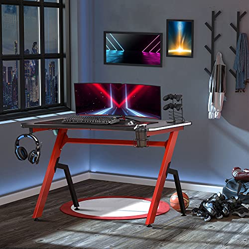 HOMCOM Mesa Gaming con LED RGB Escritorio de Ordenador con Portavasos Gancho para Auriculares Soporte para Mandos Gamepad y Luz con Control Remoto 120x66x76 cm Negro y Rojo