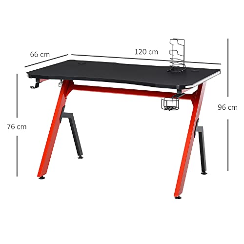 HOMCOM Mesa Gaming con LED RGB Escritorio de Ordenador con Portavasos Gancho para Auriculares Soporte para Mandos Gamepad y Luz con Control Remoto 120x66x76 cm Negro y Rojo