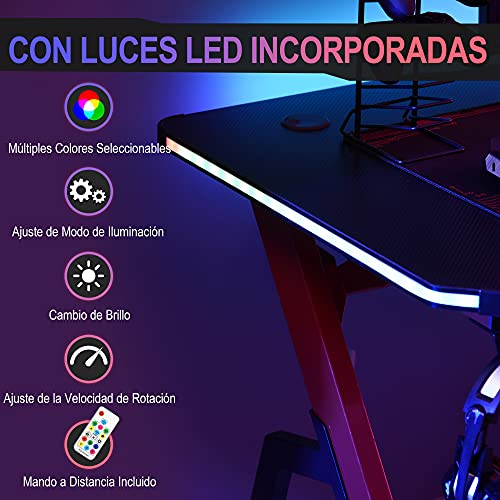 HOMCOM Mesa Gaming con LED RGB Escritorio de Ordenador con Portavasos Gancho para Auriculares Soporte para Mandos Gamepad y Luz con Control Remoto 120x66x76 cm Negro y Rojo