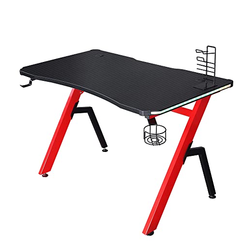 HOMCOM Mesa Gaming con LED RGB Escritorio de Ordenador con Portavasos Gancho para Auriculares Soporte para Mandos Gamepad y Luz con Control Remoto 120x66x76 cm Negro y Rojo
