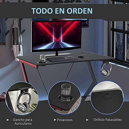 HOMCOM Mesa Gaming Escritorio Ergonómico para Ordenador con Portavasos Gancho para Auriculares y Pasacables Efecto Fibra de Carbono 120x60x75 cm Negro