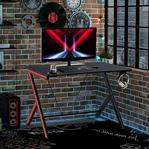 HOMCOM Mesa Gaming Escritorio Ergonómico para Ordenador con Portavasos Gancho para Auriculares y Pasacables Efecto Fibra de Carbono 120x60x75 cm Negro