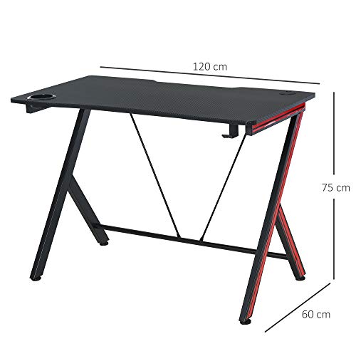 HOMCOM Mesa Gaming Escritorio Ergonómico para Ordenador con Portavasos Gancho para Auriculares y Pasacables Efecto Fibra de Carbono 120x60x75 cm Negro