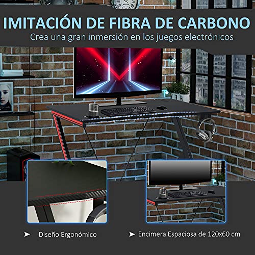 HOMCOM Mesa Gaming Escritorio Ergonómico para Ordenador con Portavasos Gancho para Auriculares y Pasacables Efecto Fibra de Carbono 120x60x75 cm Negro