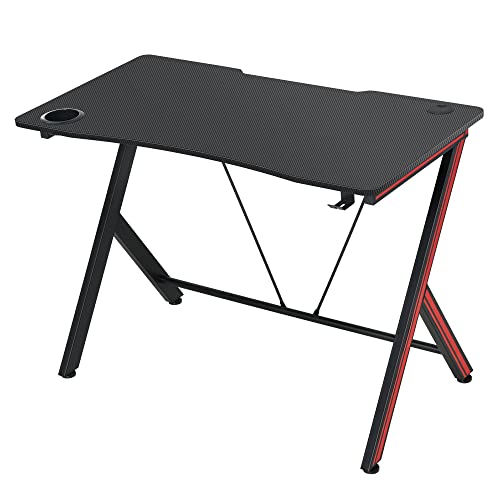 HOMCOM Mesa Gaming Escritorio Ergonómico para Ordenador con Portavasos Gancho para Auriculares y Pasacables Efecto Fibra de Carbono 120x60x75 cm Negro