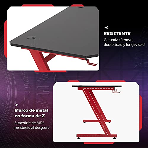 HOMCOM Mesa Gaming para Ordenador PC Escritorio de Oficina con Portavasos Gancho para Auriculares y Pies Ajustables 120x65x74,5 cm Rojo