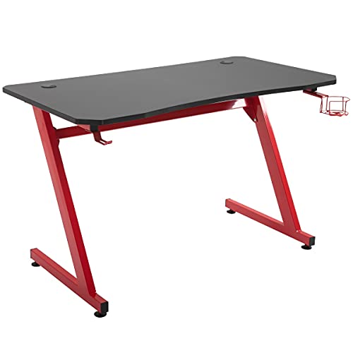 HOMCOM Mesa Gaming para Ordenador PC Escritorio de Oficina con Portavasos Gancho para Auriculares y Pies Ajustables 120x65x74,5 cm Rojo