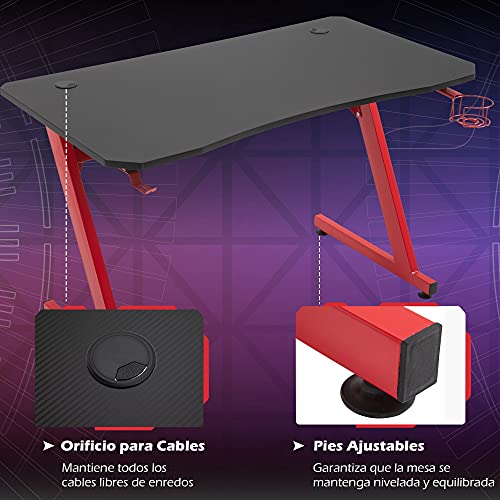HOMCOM Mesa Gaming para Ordenador PC Escritorio de Oficina con Portavasos Gancho para Auriculares y Pies Ajustables 120x65x74,5 cm Rojo