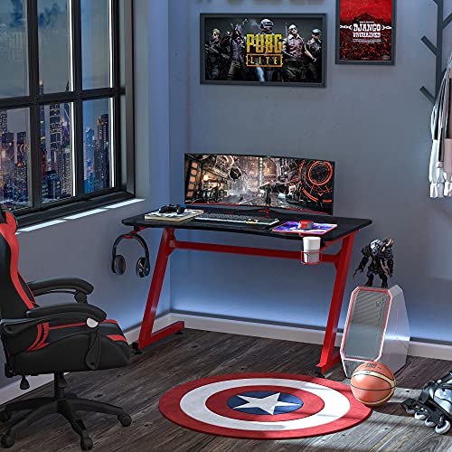 HOMCOM Mesa Gaming para Ordenador PC Escritorio de Oficina con Portavasos Gancho para Auriculares y Pies Ajustables 120x65x74,5 cm Rojo