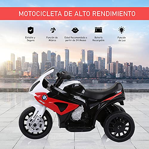 HOMCOM Moto Eléctrica Infantil con Licencia BMW S1000RR Triciclo Trimoto para Niños +2 Años con Luces y Música 66x37x44 cm Rojo