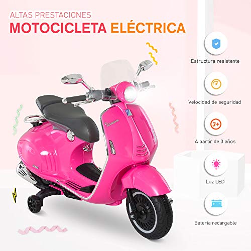 HOMCOM Moto Eléctrica Vespa Faros Música 2 Ruedas Auxiliares para Niños Mayores de 3 Años Motocicleta Infantil Autorizada 108x49x75 cm Rosa