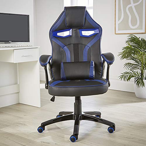 Home Source Detroit Ordenador de Juegos de Piel sintética Negra ergonómica Ajustable, Blue, Swivel Office Chair