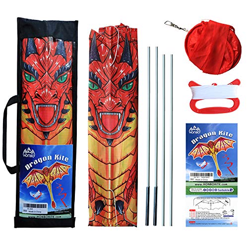 HONBO Dragon Kite para niños y adultos, fácil de volar, cometa principiante, 55 x 62 pulgadas con cola giratoria de 60 m, cometas para niños (rojo)