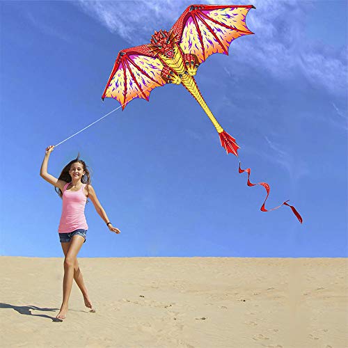 HONBO Dragon Kite para niños y adultos, fácil de volar, cometa principiante, 55 x 62 pulgadas con cola giratoria de 60 m, cometas para niños (rojo)